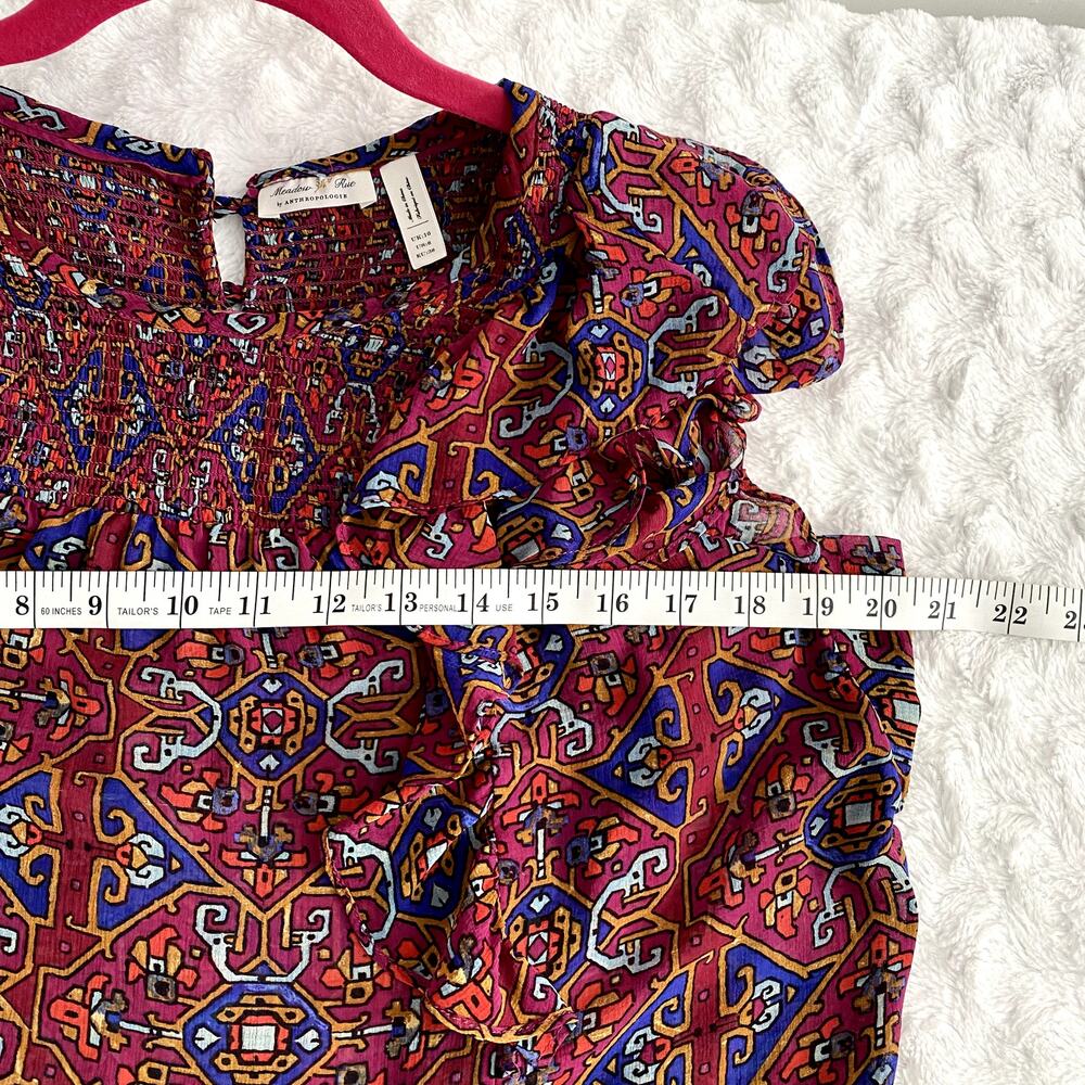 Anthropologie Meadow Rue Red Print Majolica Flutter Sleeve Smocked Boho Top 6 - Picture 9 of 9